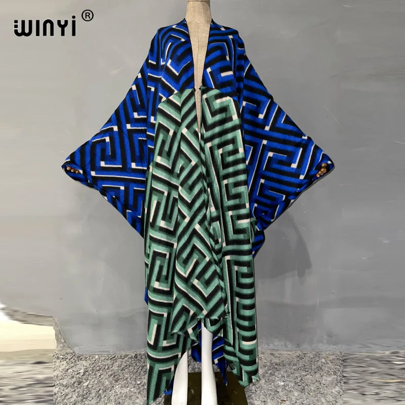 Middle East WINYI Winter Women Fashion printing Cardigan coat Loose dress robe longue Thick Warm Female free size Jacket kaftan