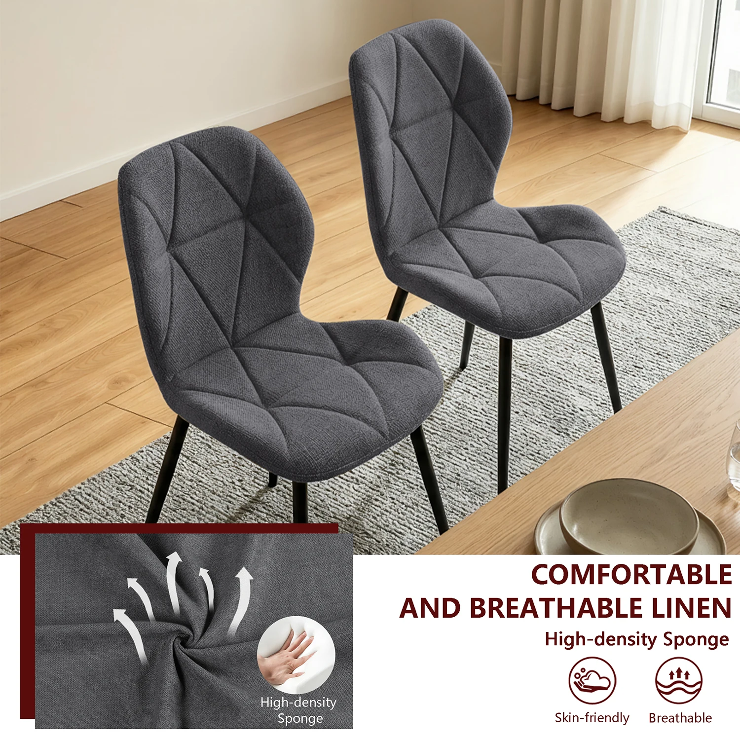 GrandCA HOME Set mit 2/4/6 modernen Esszimmerstühlen, gepolstert, mit Leinenstoff bezogen, minimalistische Bürostühle für Küche und Esszimmer – Detail 13