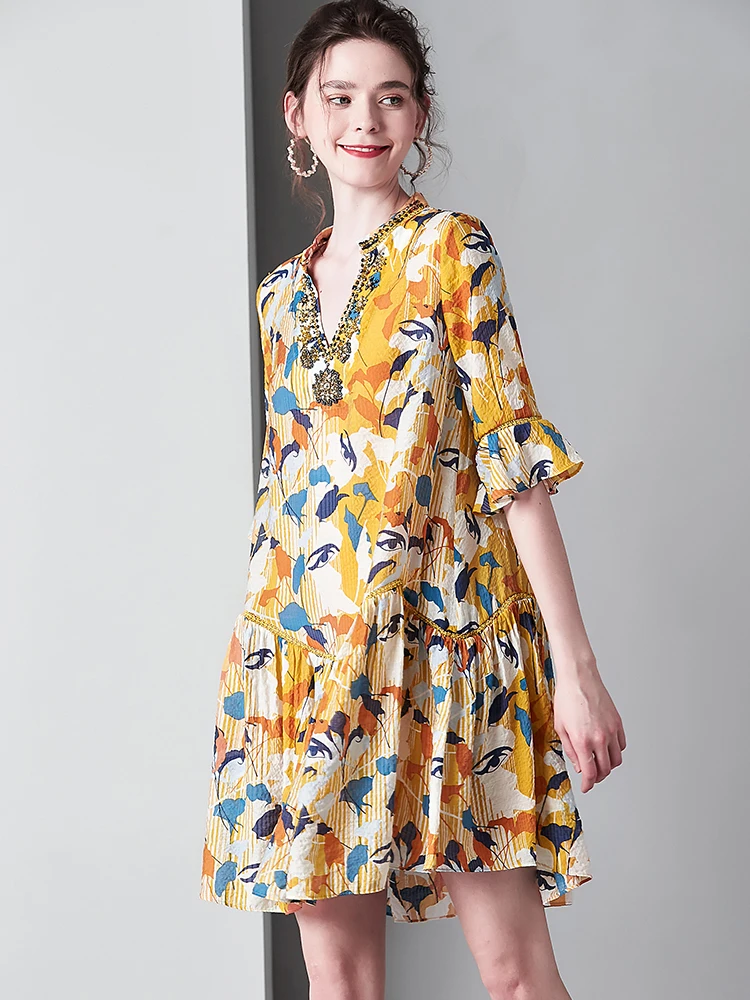 

Spring Summer Female y2k Clothes Luxury Loose Bead V-neck a-word Floral Midi Beach Casual Elegant Party Evening Dress Women