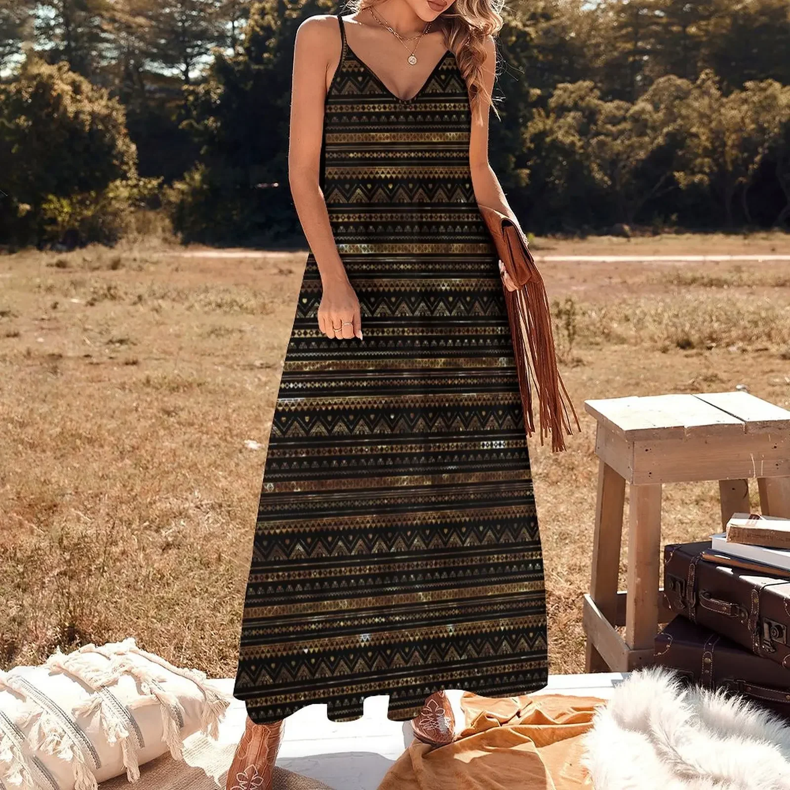 Aztec Black Tinsel Gold Sleeveless Dress long sleeve dress party dress women elegant luxury dresses women summer 2024