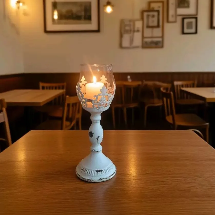 Vintage European Style Candle Holder with Glass Hurricane, White Distressed Metal Pedestal Candlestick with Ornate Floral Design