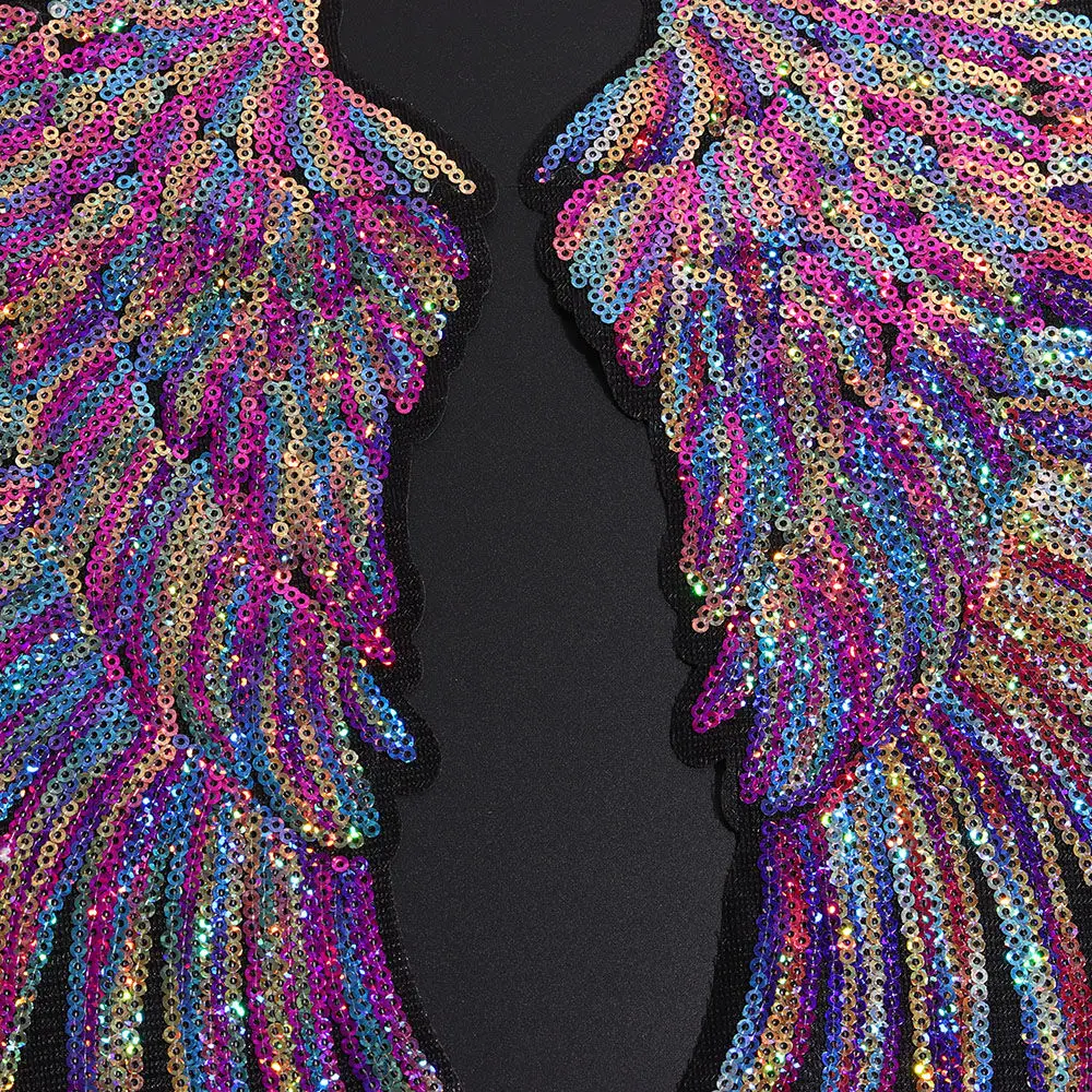 Sequined Rainbow Feather Wings, Dreamy Sew Iron On Patches, Embroidered Badges for Clothes, DIY Appliques Craft Decoration, 2Pcs