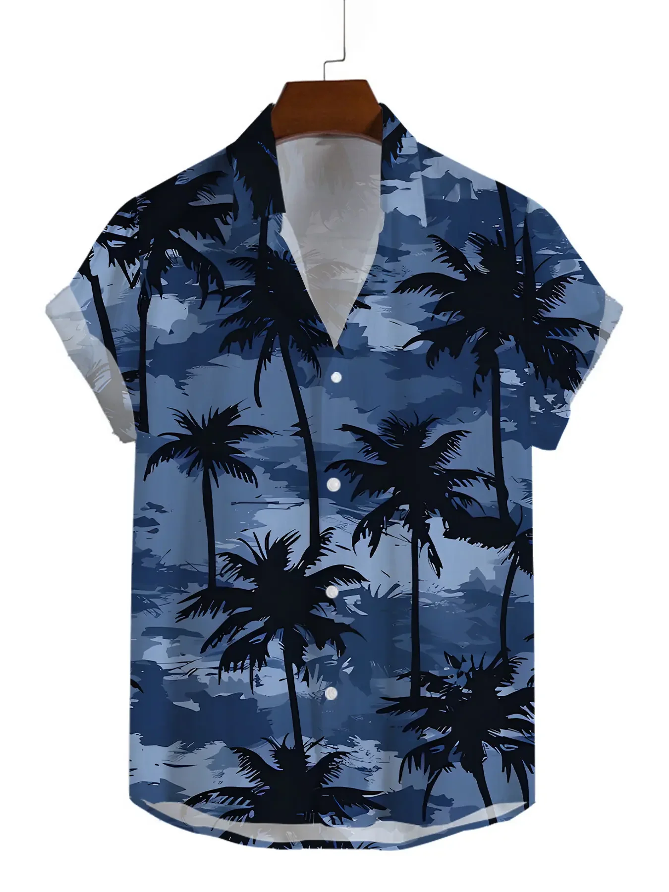 Men's Blue Tone Palm Tree Print Shirts Casual Short Sleeve Hawaiian Shirt with Tropical Coconut Tree Print for Vacation