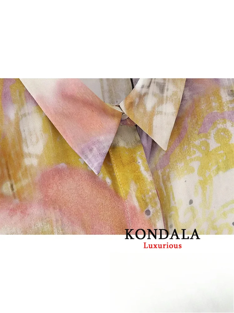 KONDALA بلوزة نسائية كلاسيكية مطبوعة غير رسمية بأكمام طويلة وياقة مقلوبة بلوزة فضفاضة واحدة الصدر موضة 2024 قمصان صيفية