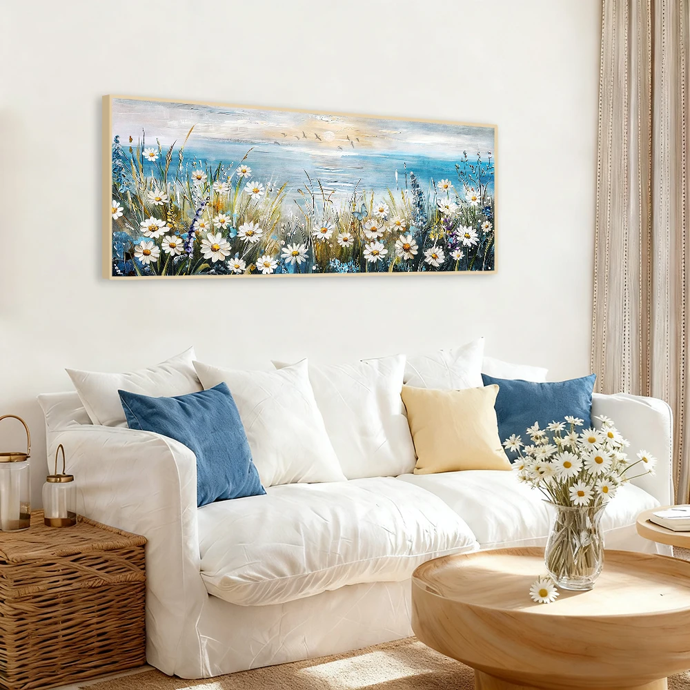 1pc Large Frameless Abstract Seaside Canvas Art-White Flower Blossoms Wall Decor