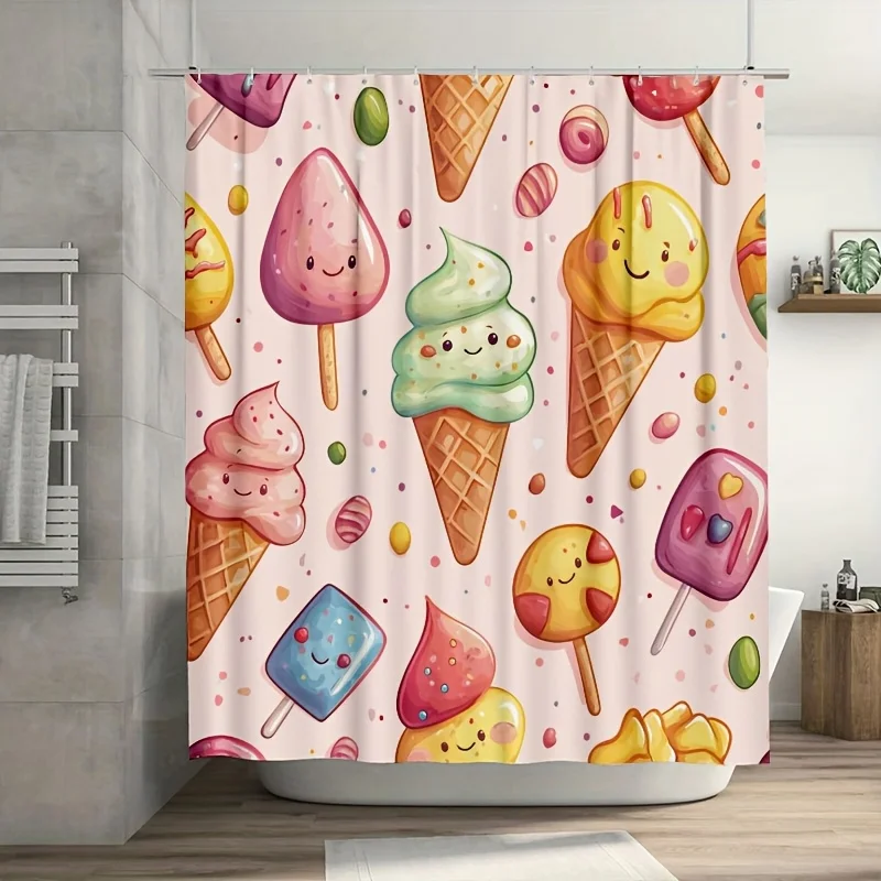 Cute Ice Cream Shower Curtain - Cartoon Sweet Cone & Popsicle Pattern, Kawaii Food Print, Waterproof Bathroom Decor