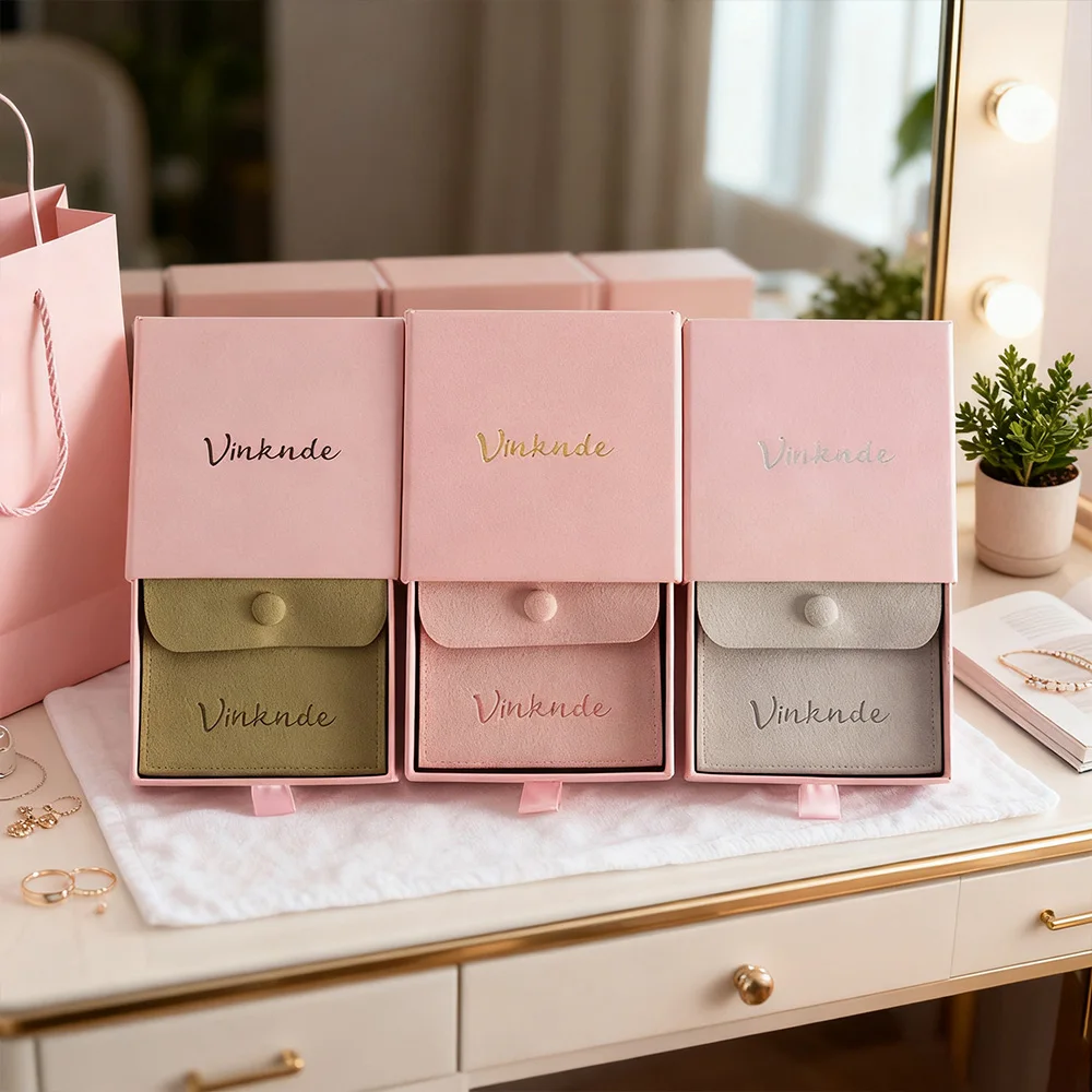 

Custom Logo Microfiber Jewelry Gift Bag Paper Package Slide Drawer Box with Foam for Jewelry Earring Keychina Necklace Organizer