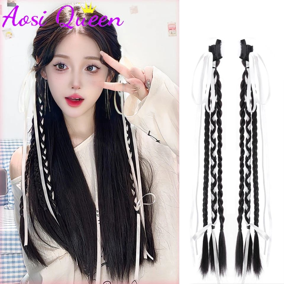 

AOSI Synthetic Women's Wig 45cm Double Ponytail Imitation Clip Wig New Chinese style Bow Ribbon Fried Dough Twists Hair Extensio