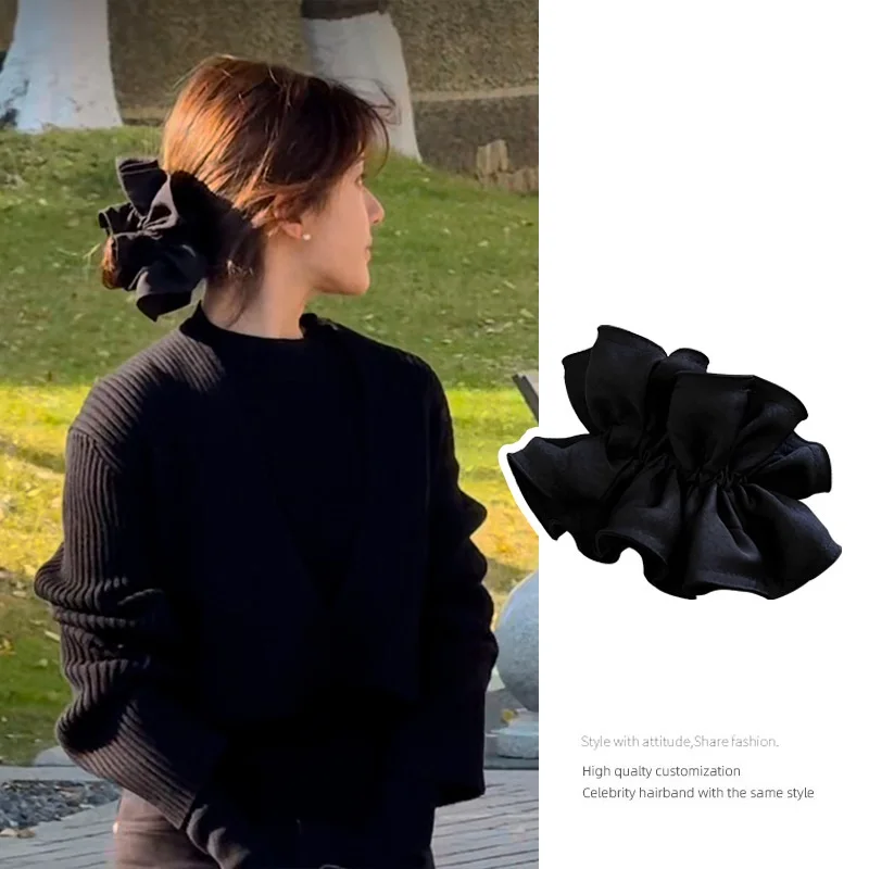 Black satin large intestine headband for women with high-end feeling 2025 new high-end ponytail headbands