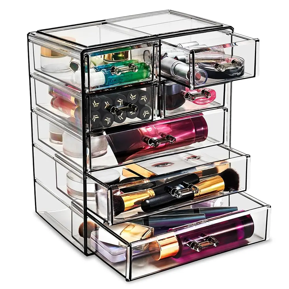 

Набор акриловых органайзеров для косметики, 7-секционный, для туалетного столика и столешницы, с маленькими и широкими ящиками, черный, для хранения украшений и косметики