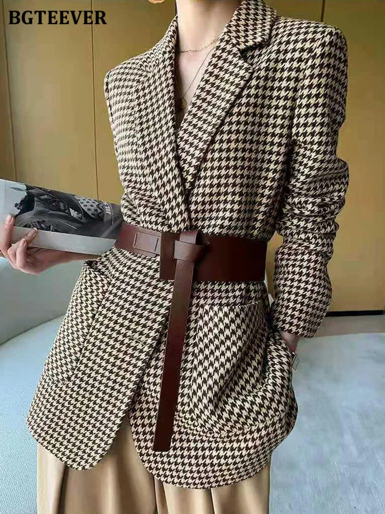 BGTEEVER Thick Warm Plaid Jacket Women New Spring Loose Oversized Single Breasted Suit Female Office Lady Long Sleeve Coat