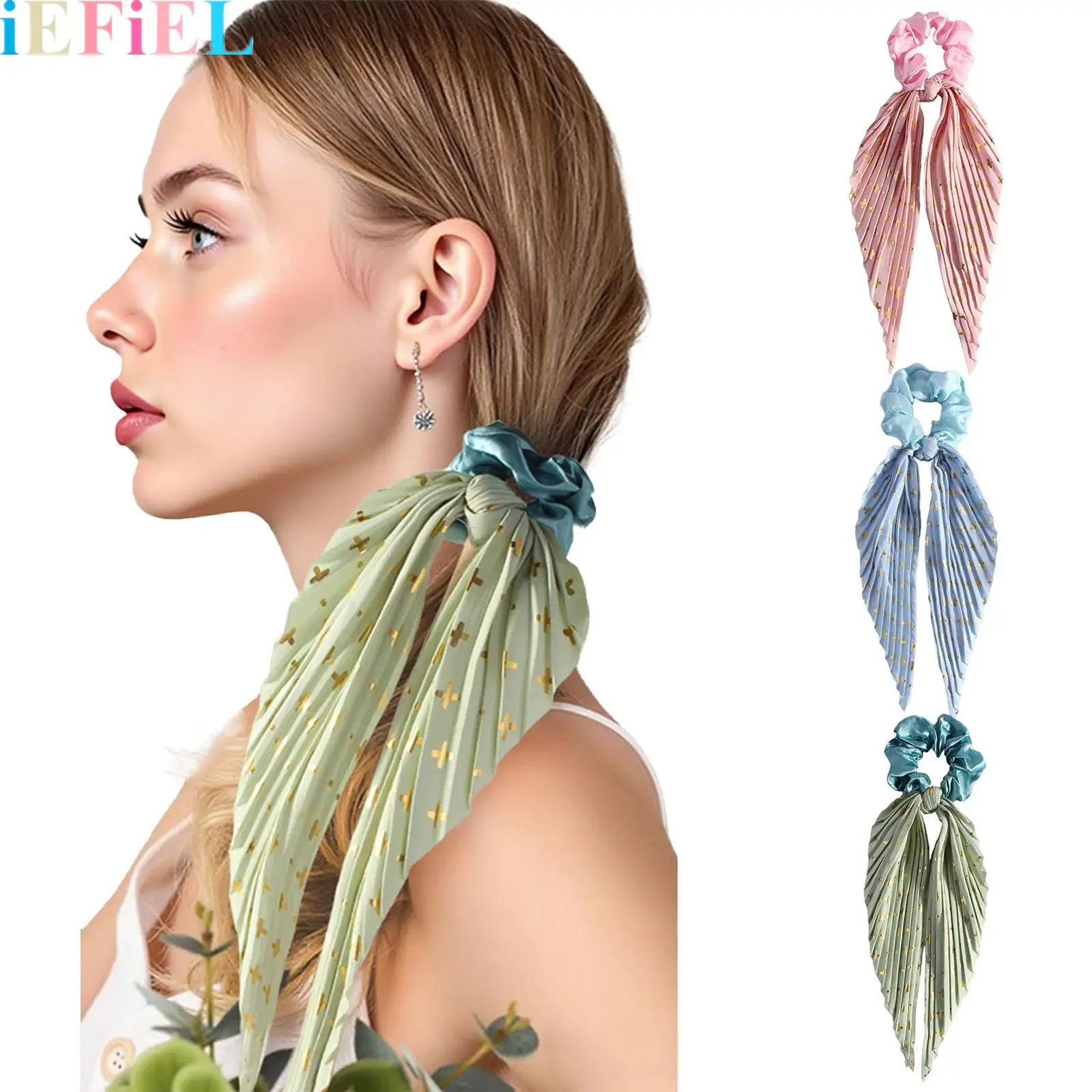 

Vintage Pleated Bow Hair Scrunchies with Gold Stars Print 3-Colors Hair Tie Ponytail for Women Girls Headgear