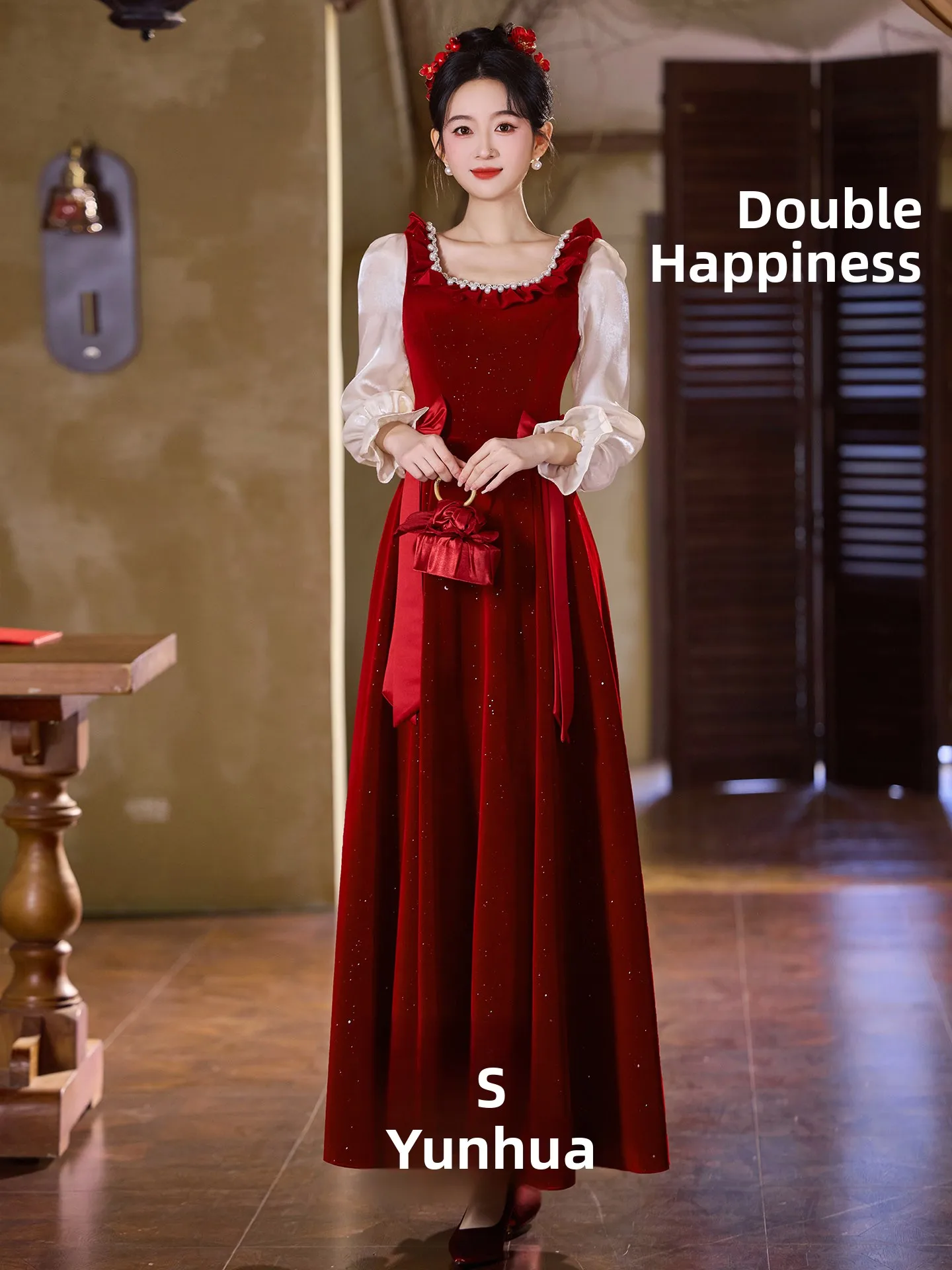 

Элегантное бархатное свадебное платье с длинными рукавами, молодежное, роскошное, в корейском стиле, с жемчужной отделкой, длиной в пол