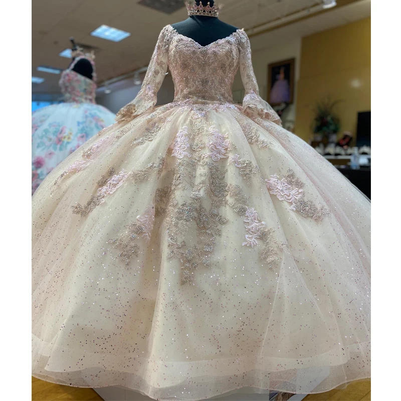 Lorencia-vestido De Quinceañera De cristal con lentejuelas y purpurina, corsé De manga larga hinchado, apliques De cuentas, color champán, años XV, YQD317