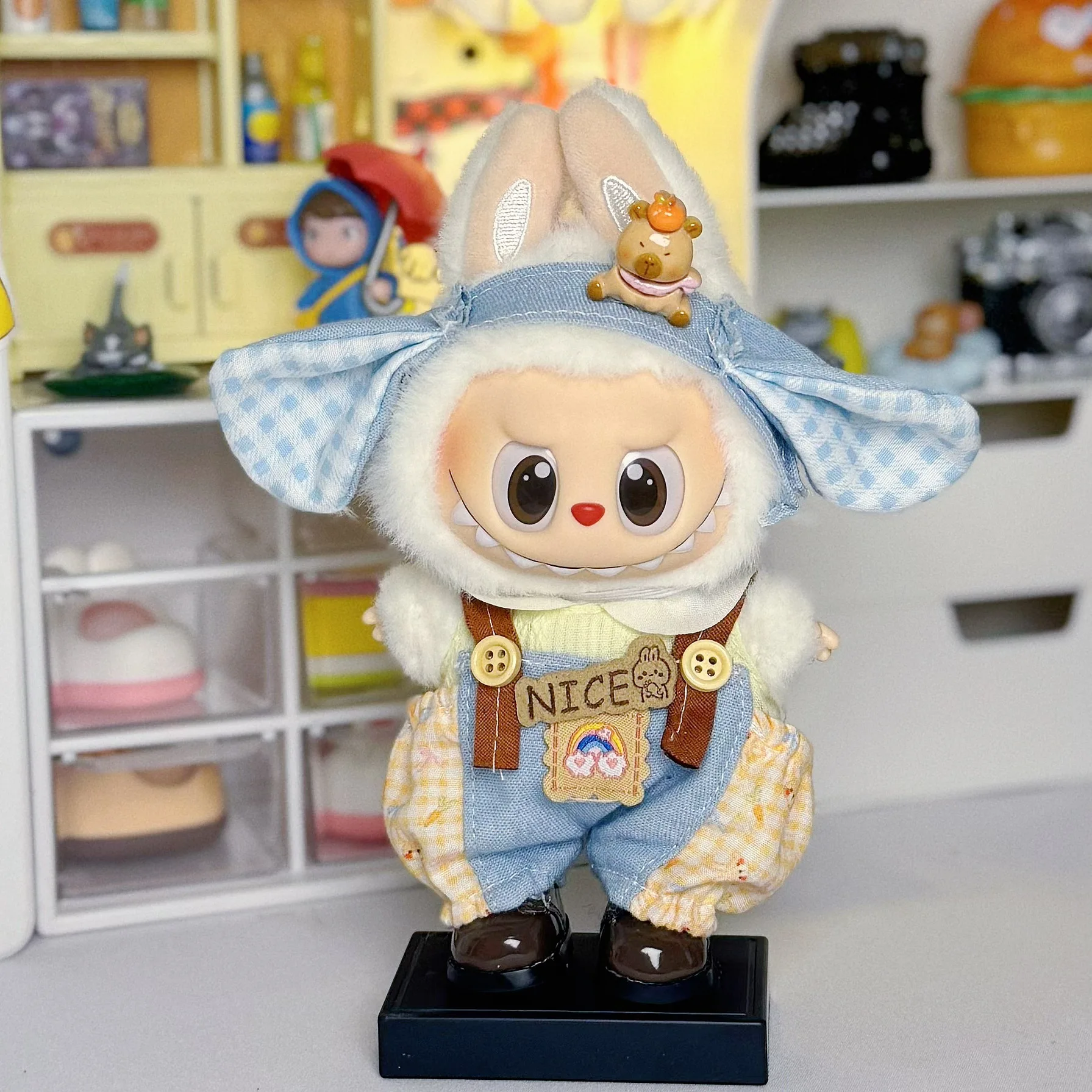 17 cm labubu doll clothing blind box, color-matching checkered overalls, hat, three-piece set, interchangeable