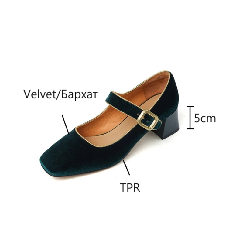 NEW Autumn/Spring Women Pumps Velvet Shoes for Women Square Toe Chunky Heel Women Shoes Simple Belt Buckle Dark Green Mary Janes