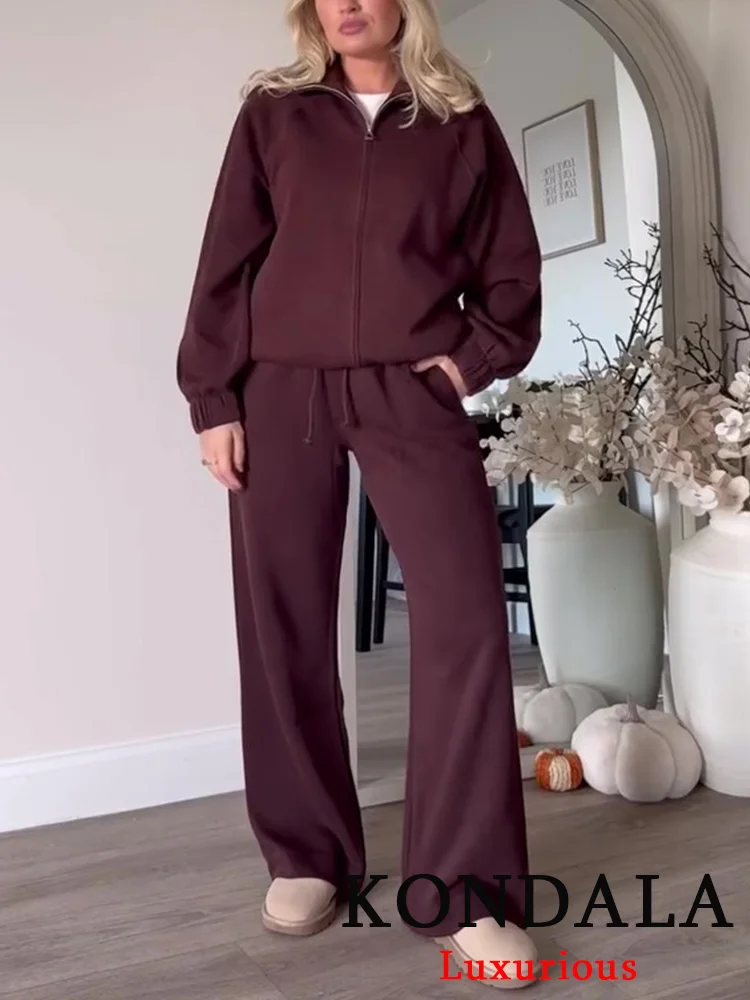 

KONDALA повседневный шикарный женский костюм, однотонный топ с капюшоном на молнии и длинными рукавами, свободные длинные брюки с прямыми соломенями, модные осенние комплекты 2023 г.