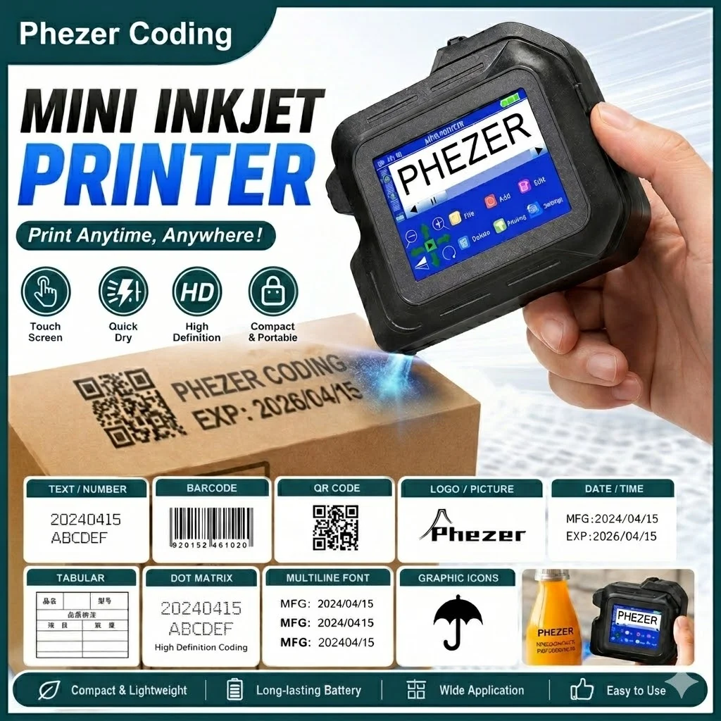 For Hp Phezer 2026 PC98 Mini Printer 28 Languages Portable Printer Handheld Inkjet Printer QR Bar Code Date Logo Expiry Date