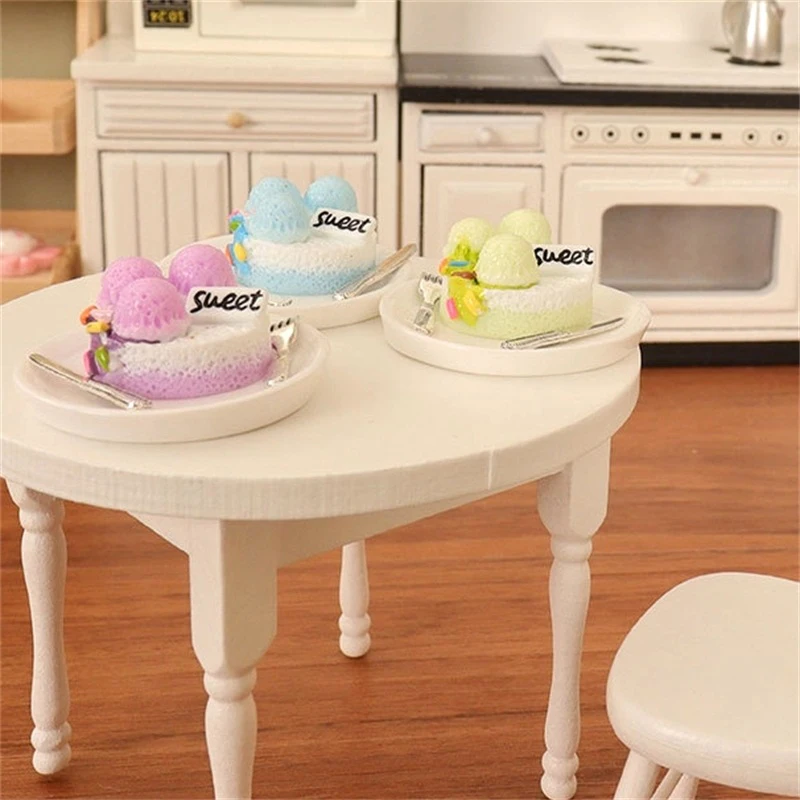 4Pcs 1:12 Dollhouse Miniature Simulated Dessert Cake Mini Tableware Plate Spoon Fork Food Tray Model Kitchen Decor Toys