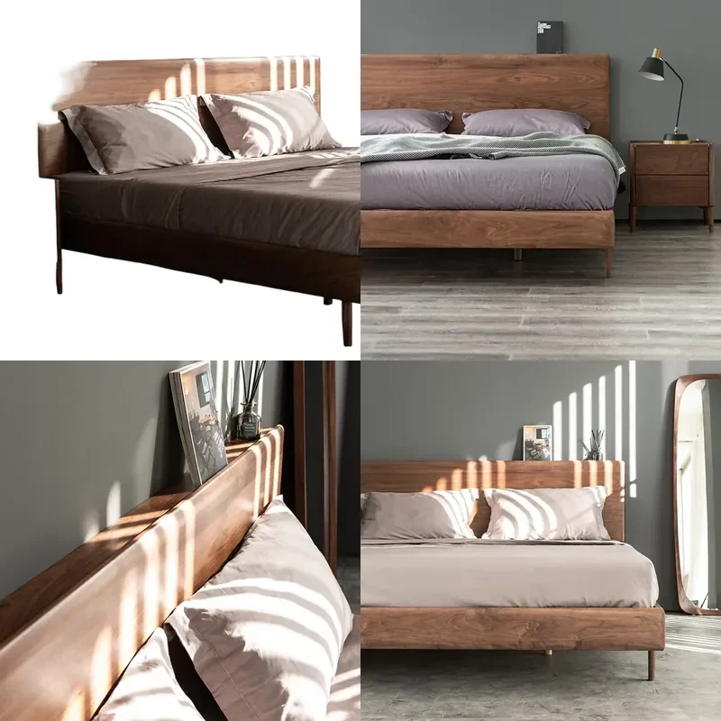 for Bed All Solid Wood Double Bed Nordic Modern Simple Black Walnut Thickened 1.8 Meters Master Bedroom