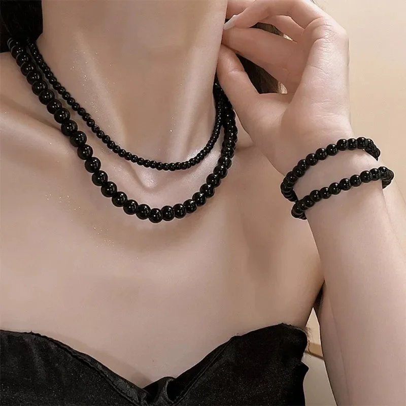 Black Strands Pearls Necklace Women Men Vintage Simple Elegant Necklace Daily Versatile Casual Necklace Fashion Jewelry Gifts