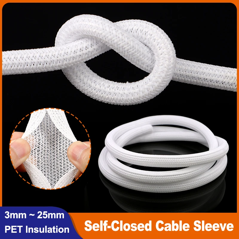 

White Self-Closed Cable Sleeve 3 5 8 10 13 16 19 25 mm PET Braided Insulation USB Wire Power Cord High Protection Split Sleeving