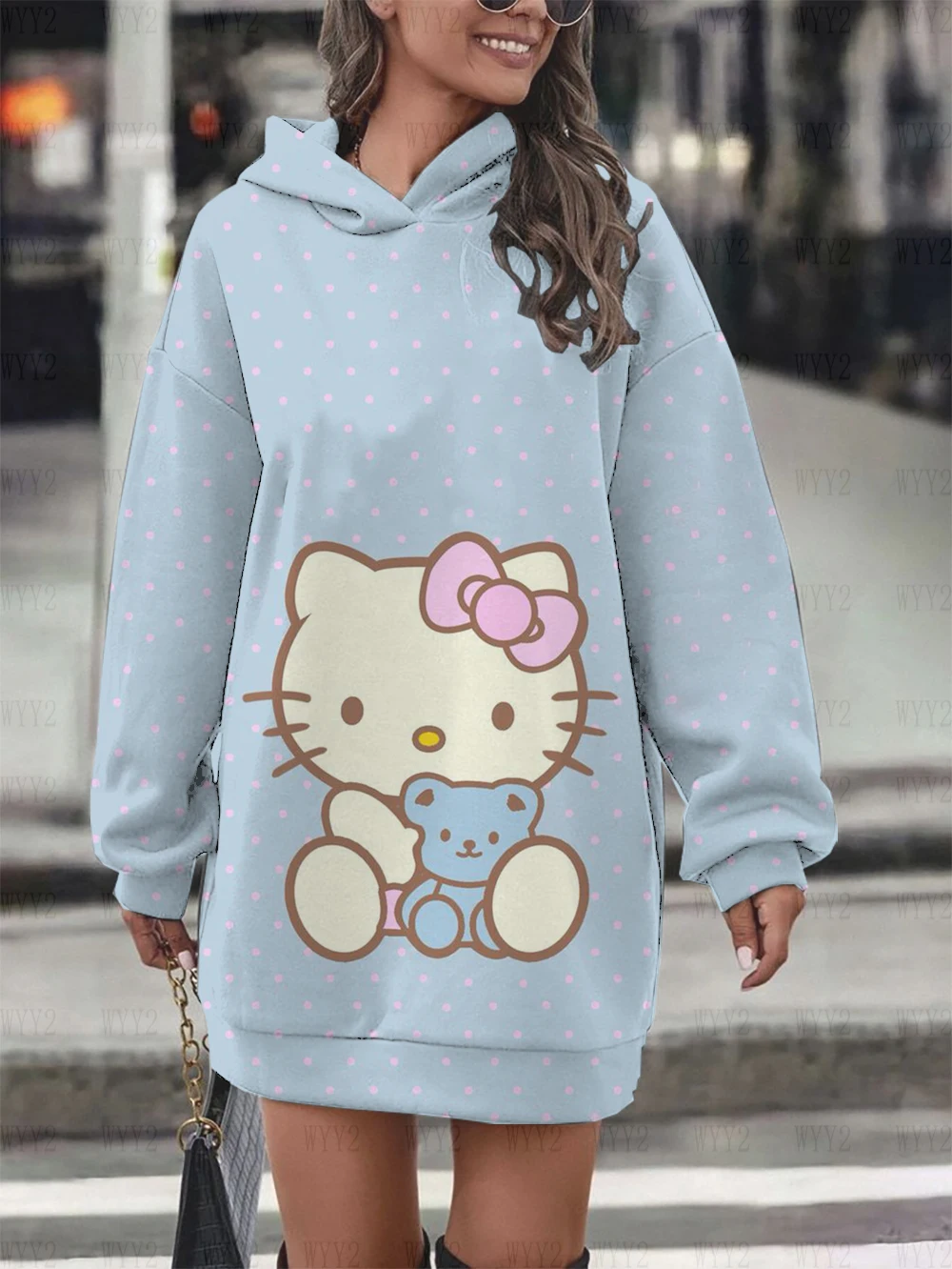 Women\'s Winter Dress Cartoon Sweet Print HelloKitty Long Sleeve Hoodie Dress Fashionable Women\'s Warm Sweater