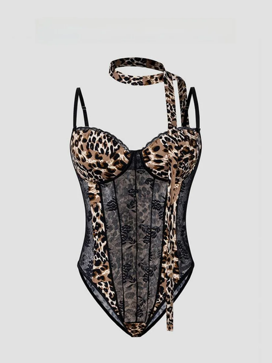 

Летний комплект сексуального белья с леопардовым принтом и кружевом, хлопковый бюстгальтер, цельный костюм, ультратонкие брюки с высокой талией