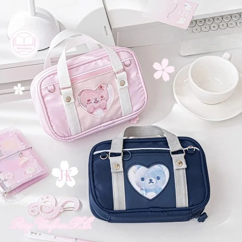 Kawaii Bear JK Heart Window Mini Ita Bag Portable Cosmetic Pouch Japanese Style Pencil Case for School Stationery Travel Storage