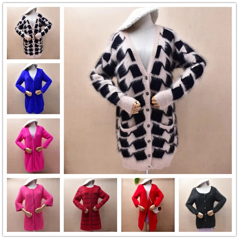 Ladies Women Autumn Winter Fashion Houndstooth Hairy Mink Cashmere Knitted V-Neck Long Sleeves Loose Cardigans Sweater Jacket