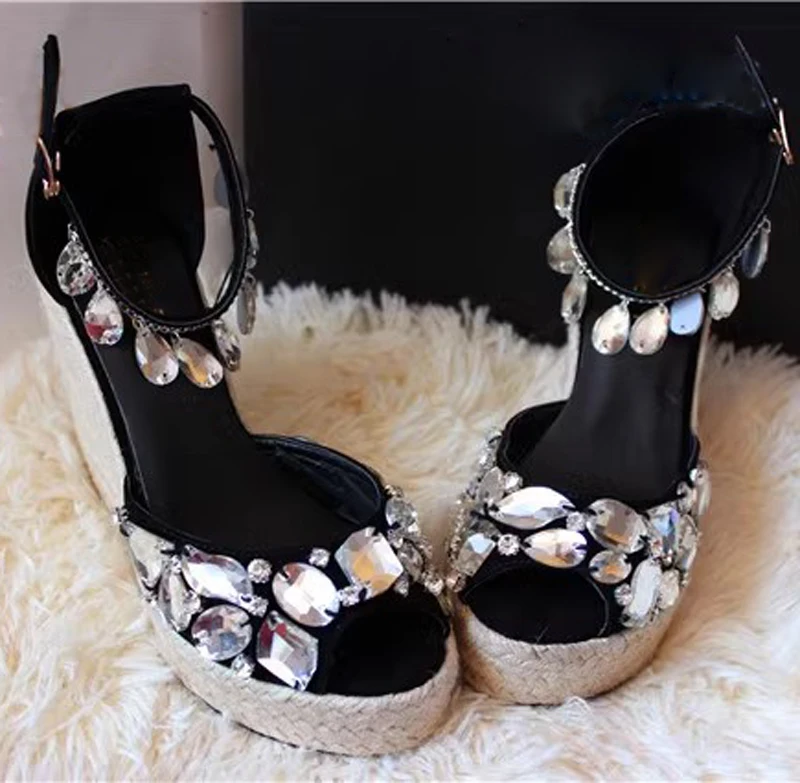 

Pure Rhinestone Rope Braided Wedge Heels Platform Sandals Woman Chains Drop Crystal Ankle Strap Peep Toe Beach Sandalias Shoes