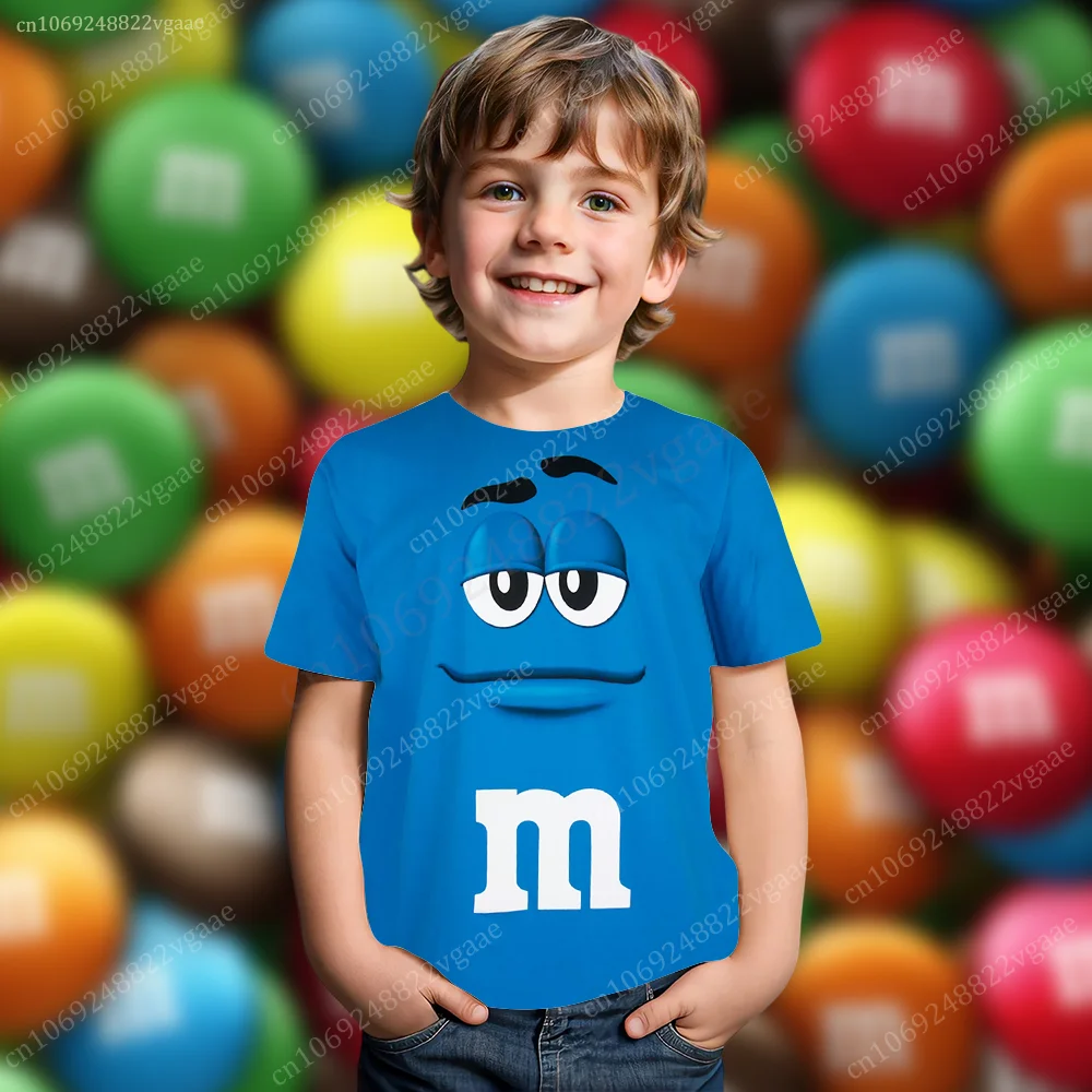 Summer M&M\'s T Shirt Kids Boys Chocolate Bean T-shirt Men Short Sleeve Top Funny Tee Clothes Girls Training Uniform Clothing