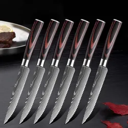 3/6/8 Pcs Steak Knives Set Damascus Stainless Steel Cleaver Slicing Knife Wood Handle Outdoor BBQ Picnic Meat Cutter
