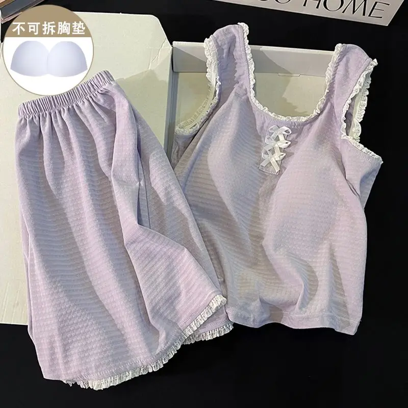 Sweet bow cotton pajamas female summer with corset vest shorts loungewear can be worn outside two sets of loungewear cute girls