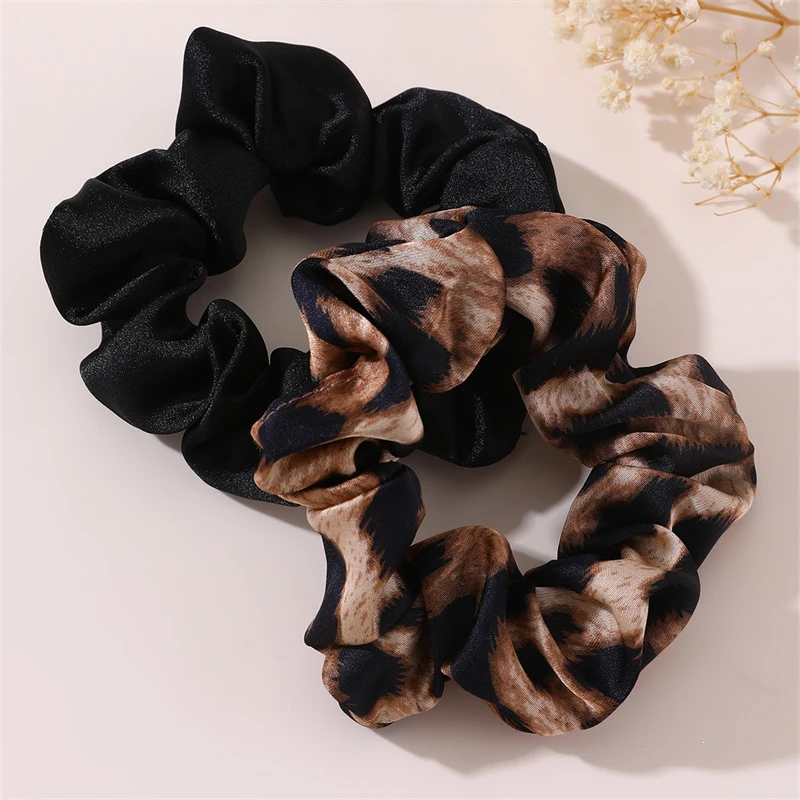 2pcs/set Vintage Leopard & Zebra Print Scrunchie Set – Pleated Elastic Hair Ties for Everyday Casual Style.