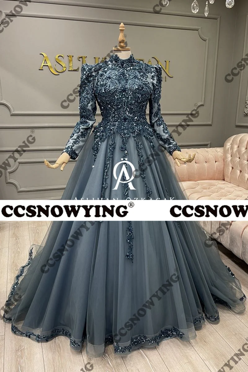 Luxus Tüll Applikationen Perlen muslimischen Hijab Abendkleider Arabisch Dubai Langarm High Neck formelle Party kleid Roben de Soirée