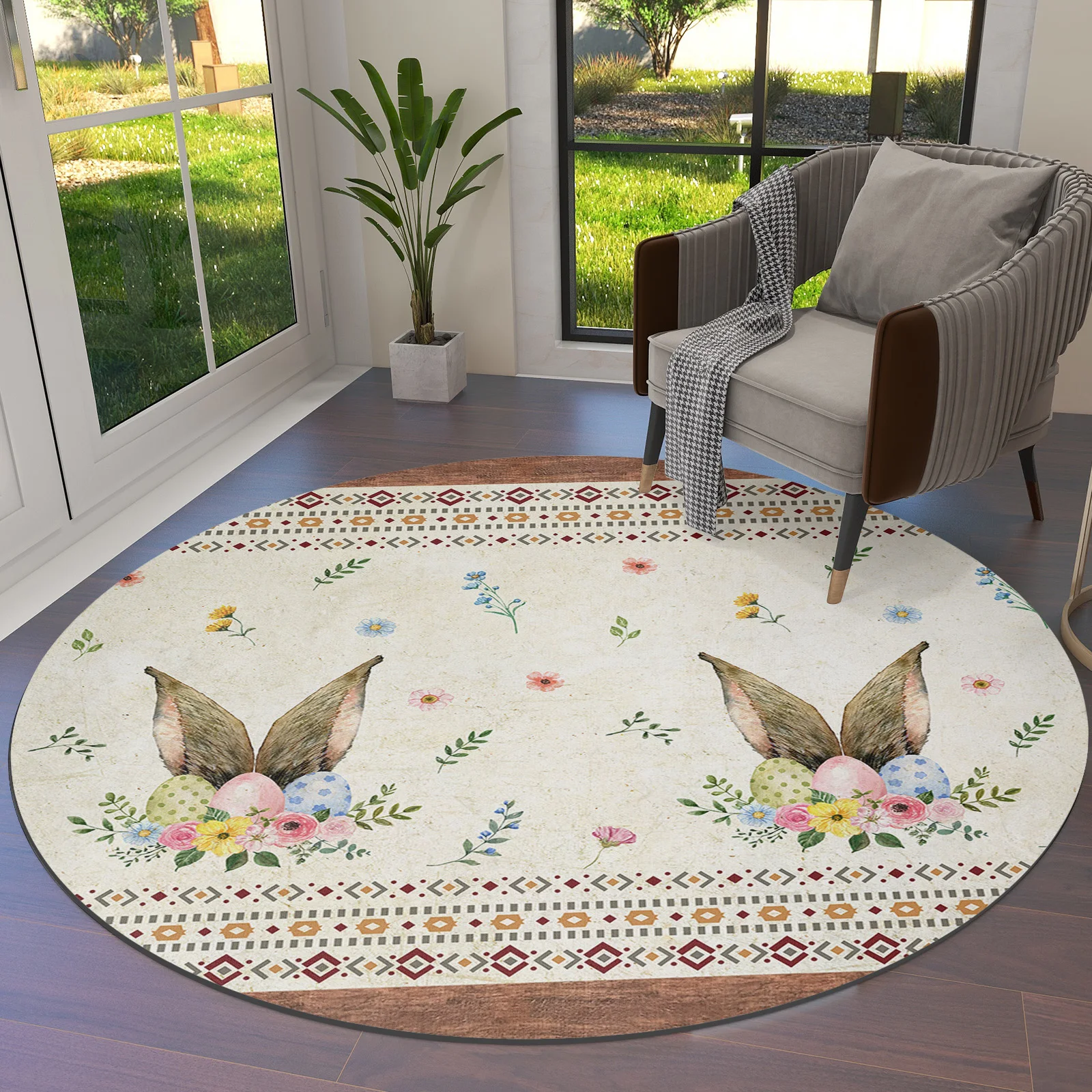 Easter Spring Wild Flowers Rabbit Ears Round Area Rug Carpets For Living Room Large Mat Home Bedroom Kid Room Decoration