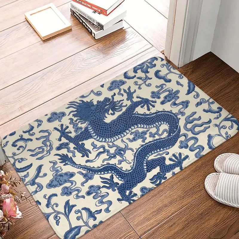 Felpudo personalizado de estilo Oriental para baño, cocina, jardín, 40x60cm, azul Indigo, Chinoiserie Chien Dragon