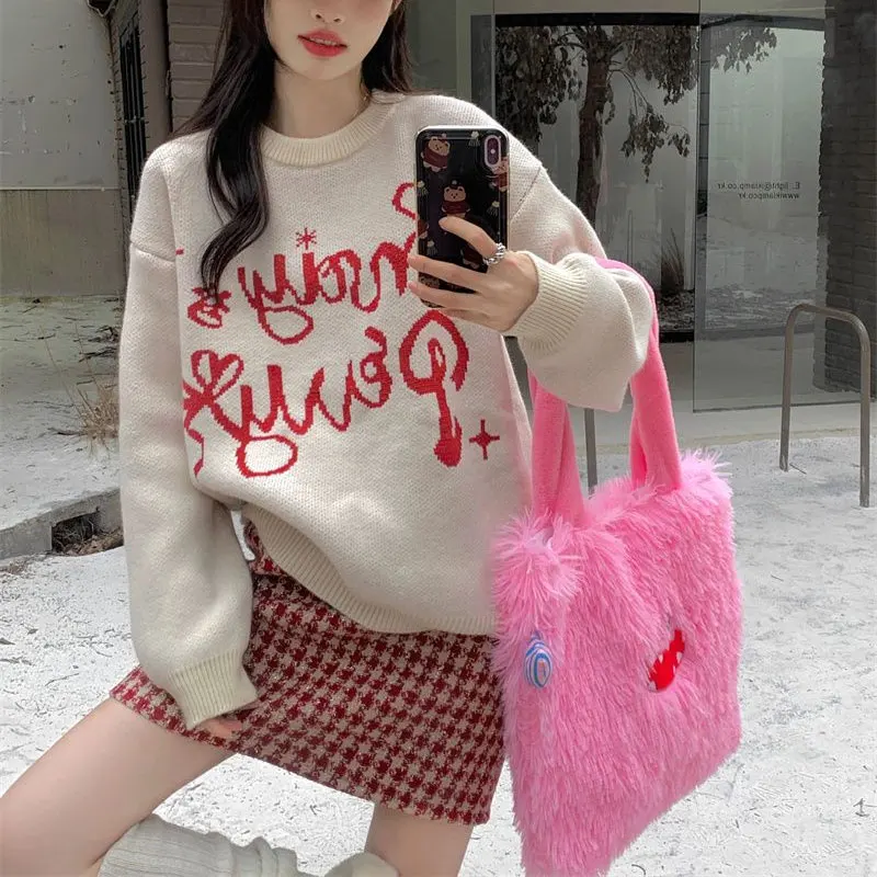 Vintage Letter Knitted Jumpers Autumn Winter Round Neck Loose Female Clothing Fashion Jacquard Weave Basic Long Sleeve Sweaters