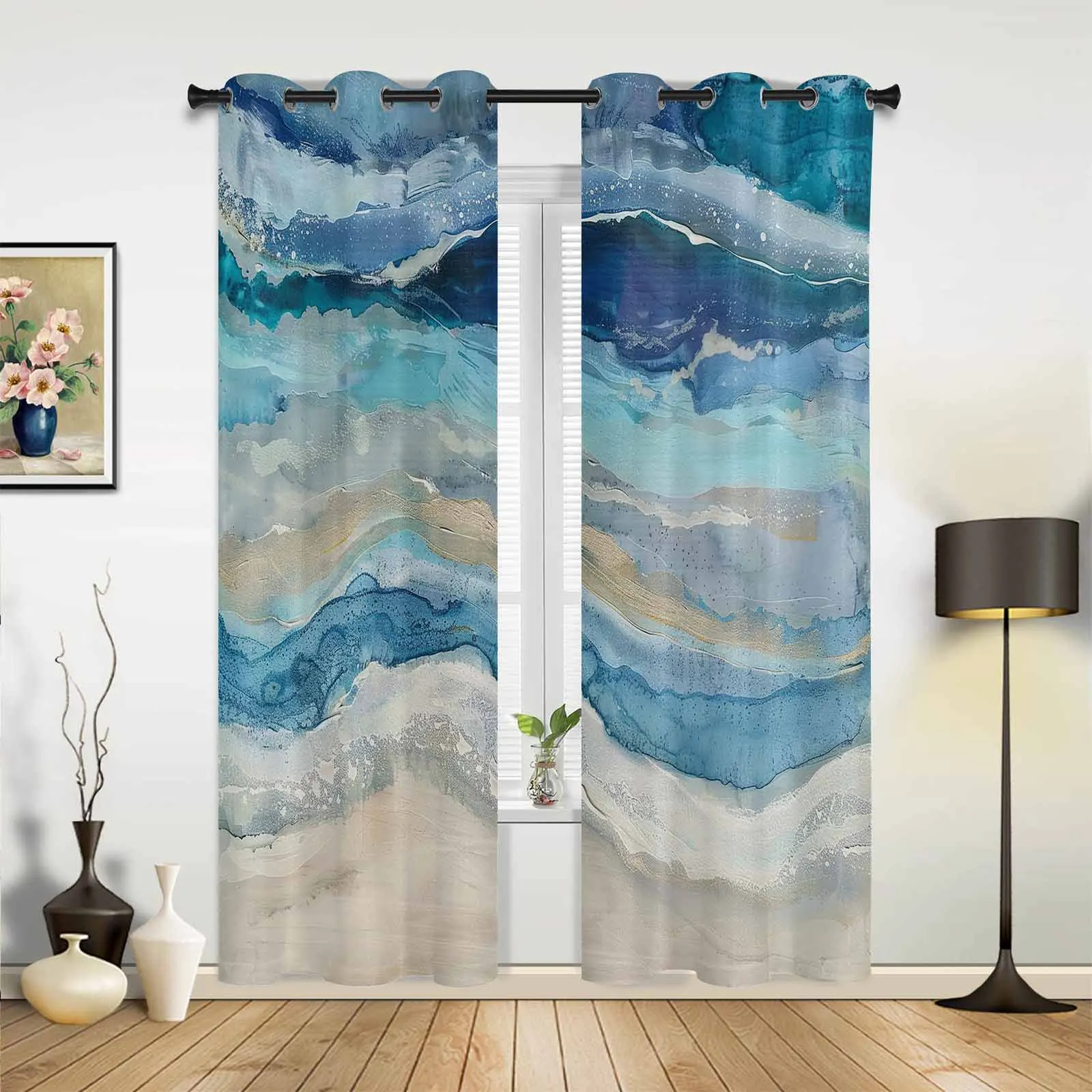 Ocean Waves Beach Gradient Abstract Blue Modern Panels Hall Curtains for Living Room Bedroom Window Curtains Hotel Drapes