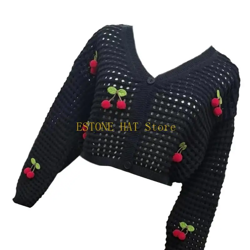 49MF Women Long Sleeve Sweater Cardigan V Neck Button Down Hollowed Knit Cropped Coat