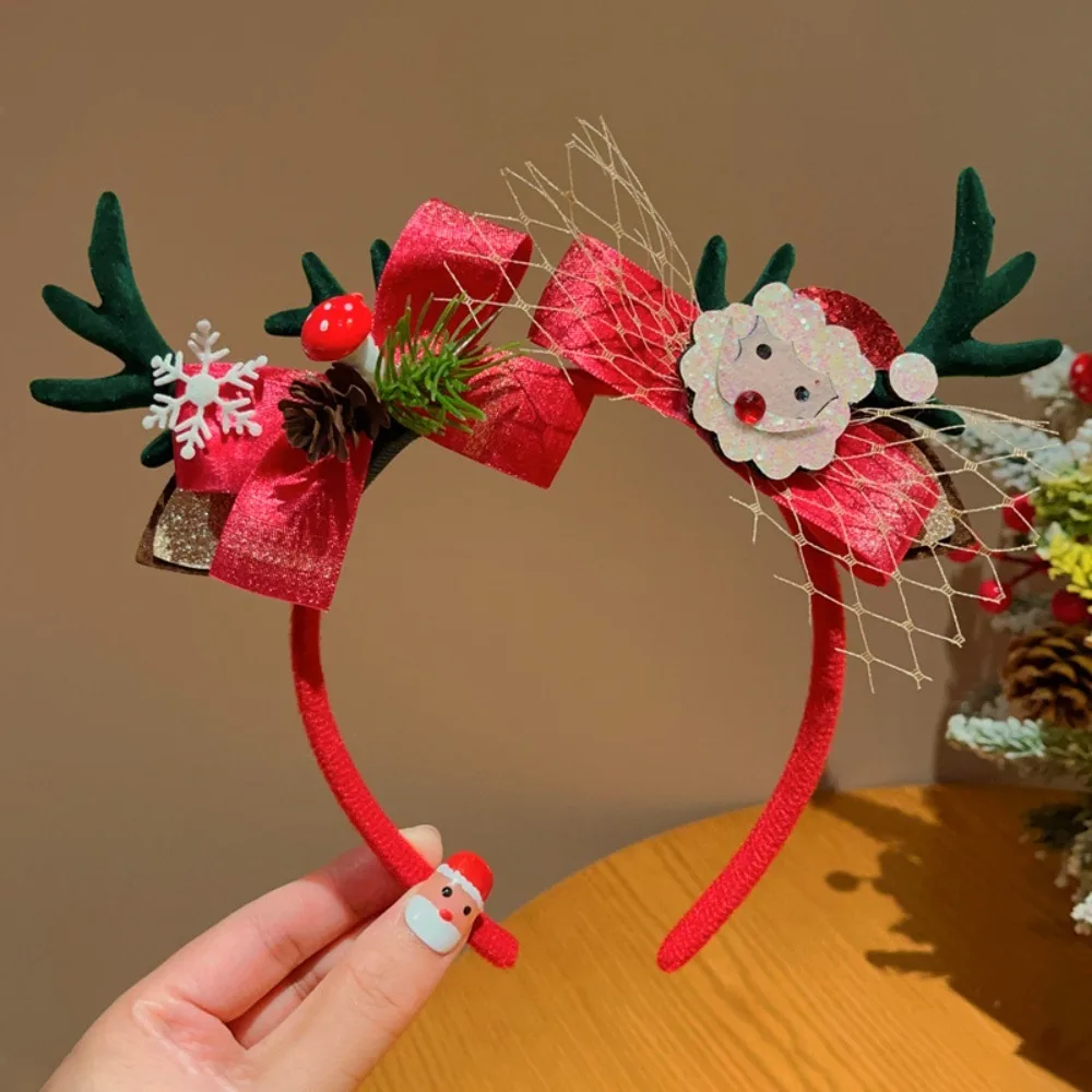 Cute Antiskid Christmas Deer Antler Headband Headwear Accessory Santa Claus Headband Mesh Yarn Little Girl Anti Slip Headwear