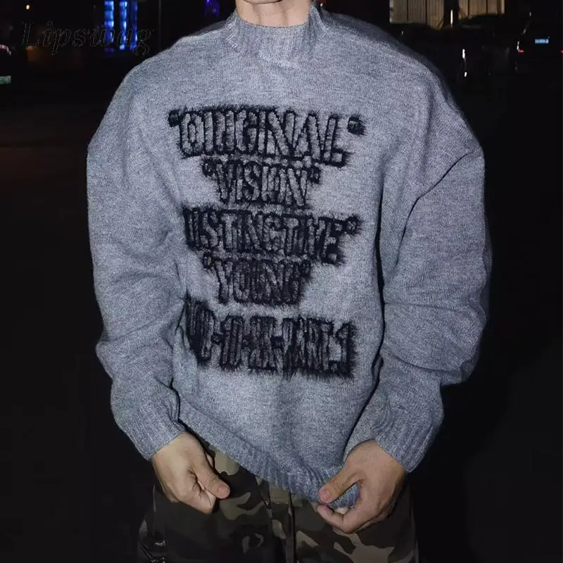 

Fashionable Letter Knitted Mens Sweaters Fall Winter Stylish Long Sleeve Crew Neck Pullover Tops Men Vintage Knitting Sweater