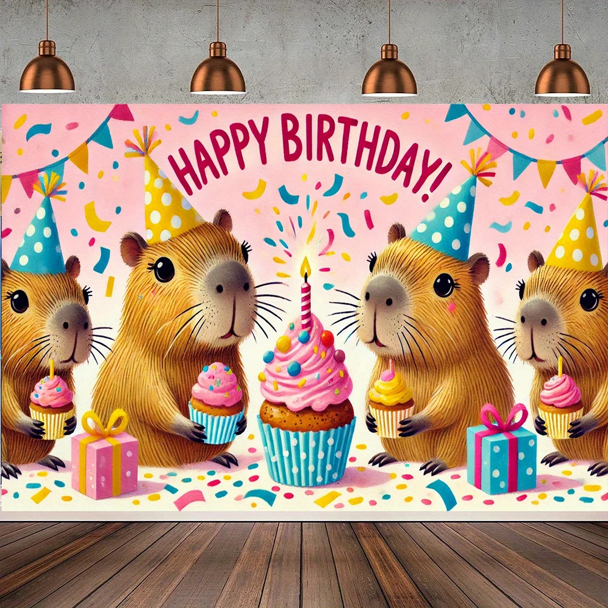 Ein süßes Capybara-Geburtstagsparty-Banner – Polyester-Hintergrund, mit einem glücklichen Capybara, bunten Cupcakes und einer Geschenkbox