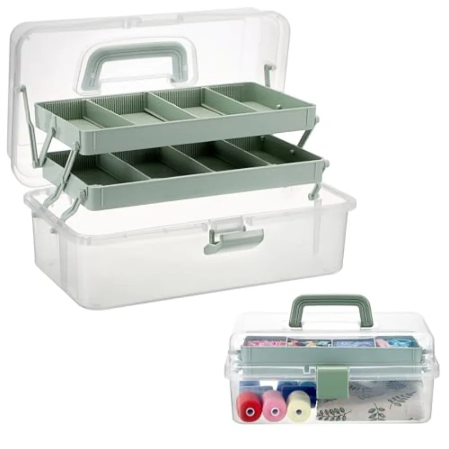 

3-Layer Clear Plastic Dividing Storage Box Craft Organizer and Storage with Adjustable Spacers Portable Handled Art Supply Orga