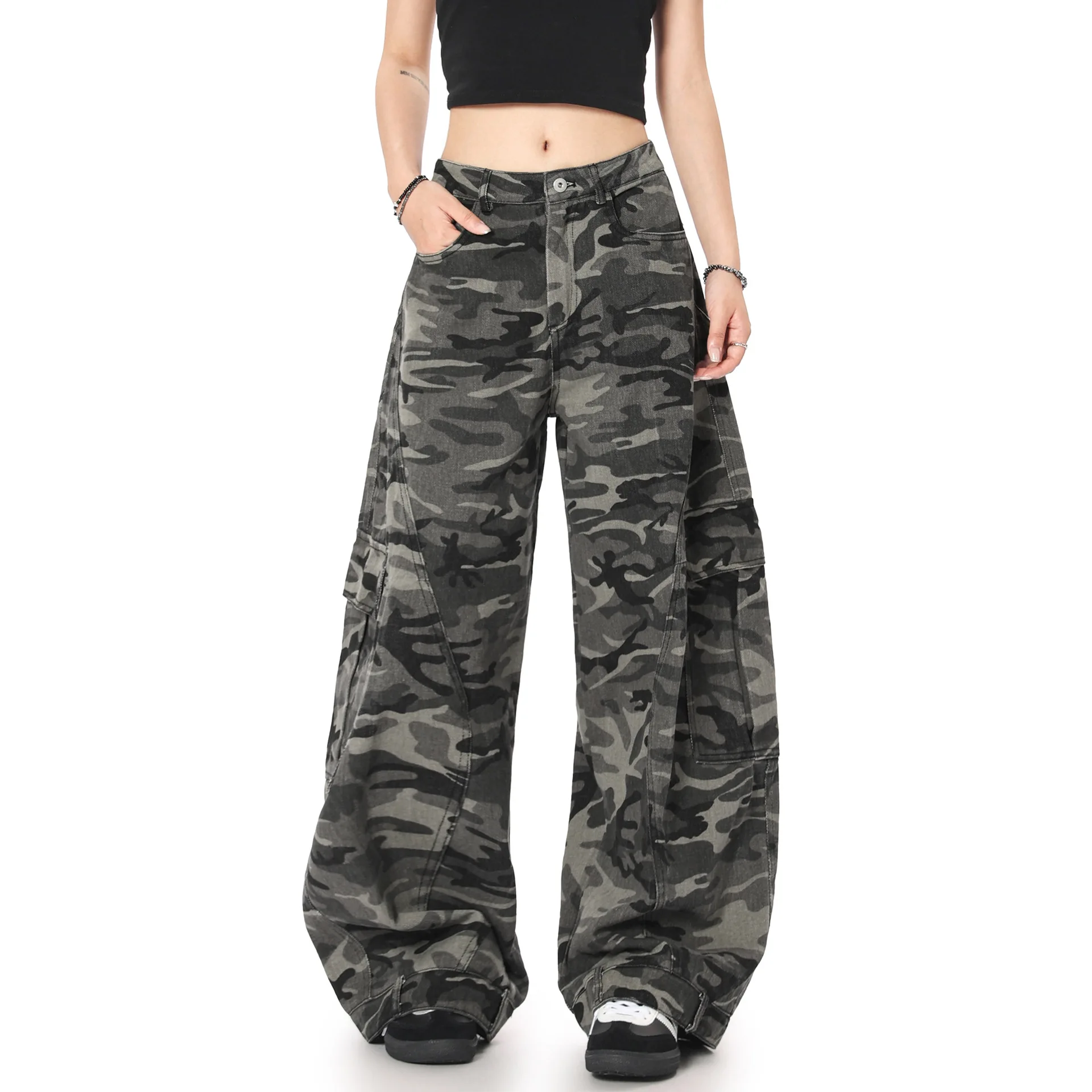 OR FL American Style Retro Wide Leg Camouflage Curved Knife Women's 100 cotton Cargo Trousers  High Street Casual Pants Women