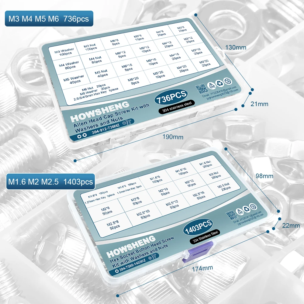 WSHENG-Kit de boulons Allen hexagonaux en acier inoxydable, jeu d'1948 à tête creuse hexagonale, 1403 pièces, 736 pièces, M2 figuré, M5, M6