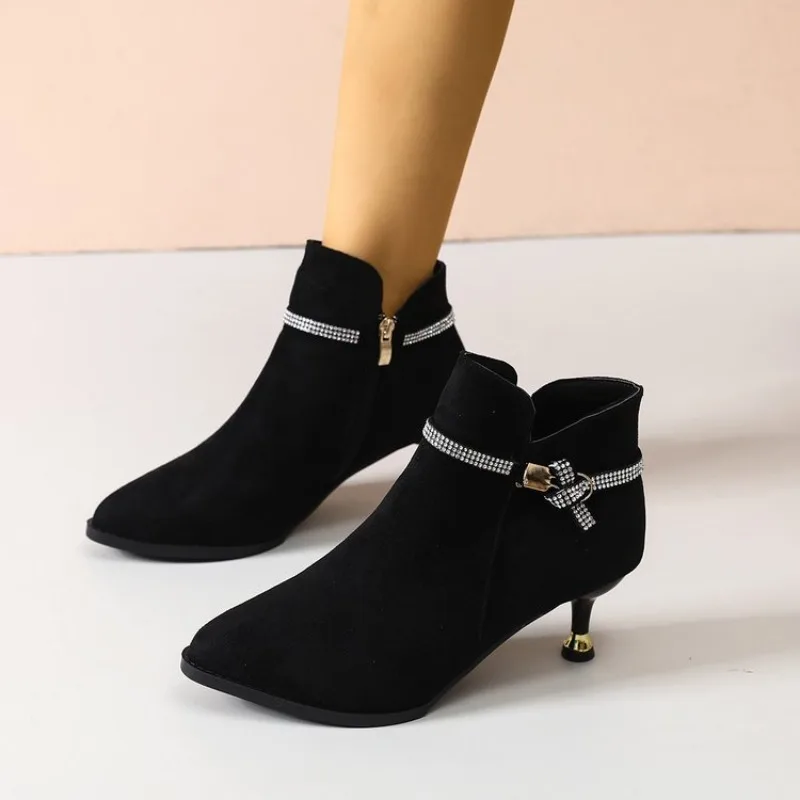 Damen High Heels Schuhe Elegante Wildleder Spitzpumps Stilettos Elegante Kurze Stiefel Mode Luxus Kristall für Frauen Herbst – Detail 9