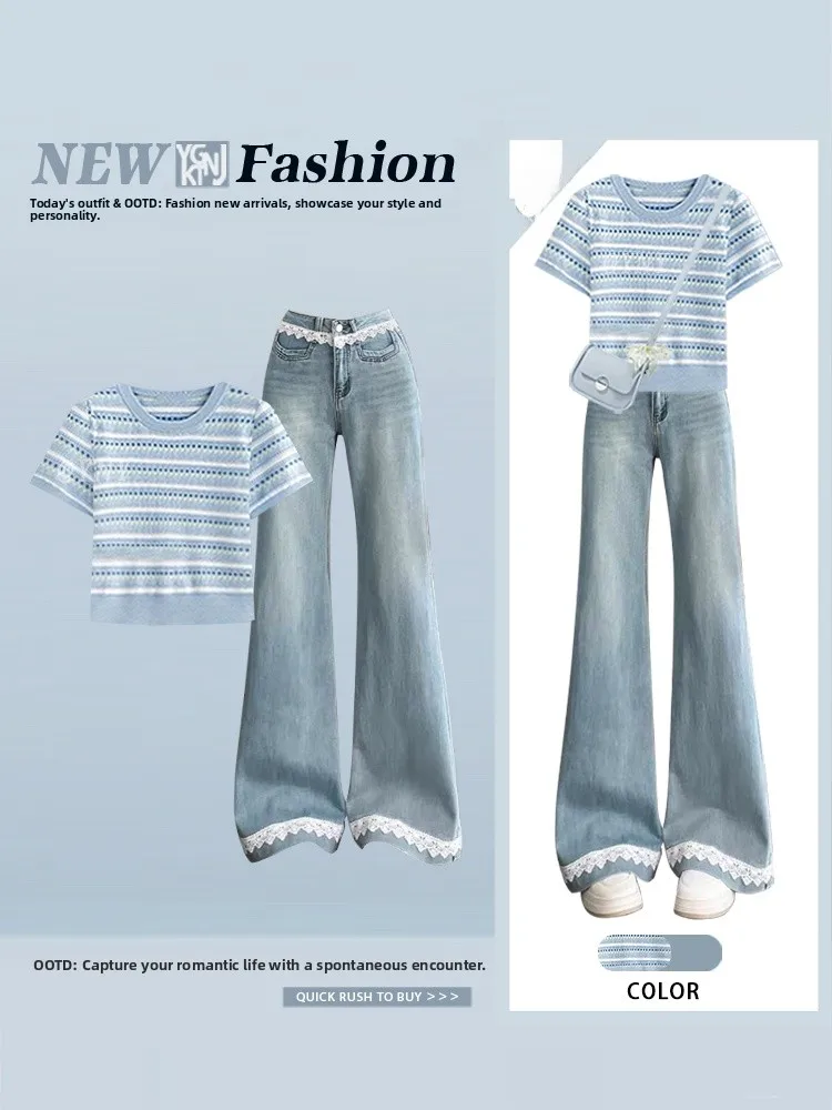 

Summer Style Two-Piece Set Stripe Short Sleeve T-Shirt High Waist Straight Leg Jeans Women's Fashion Casual Wear