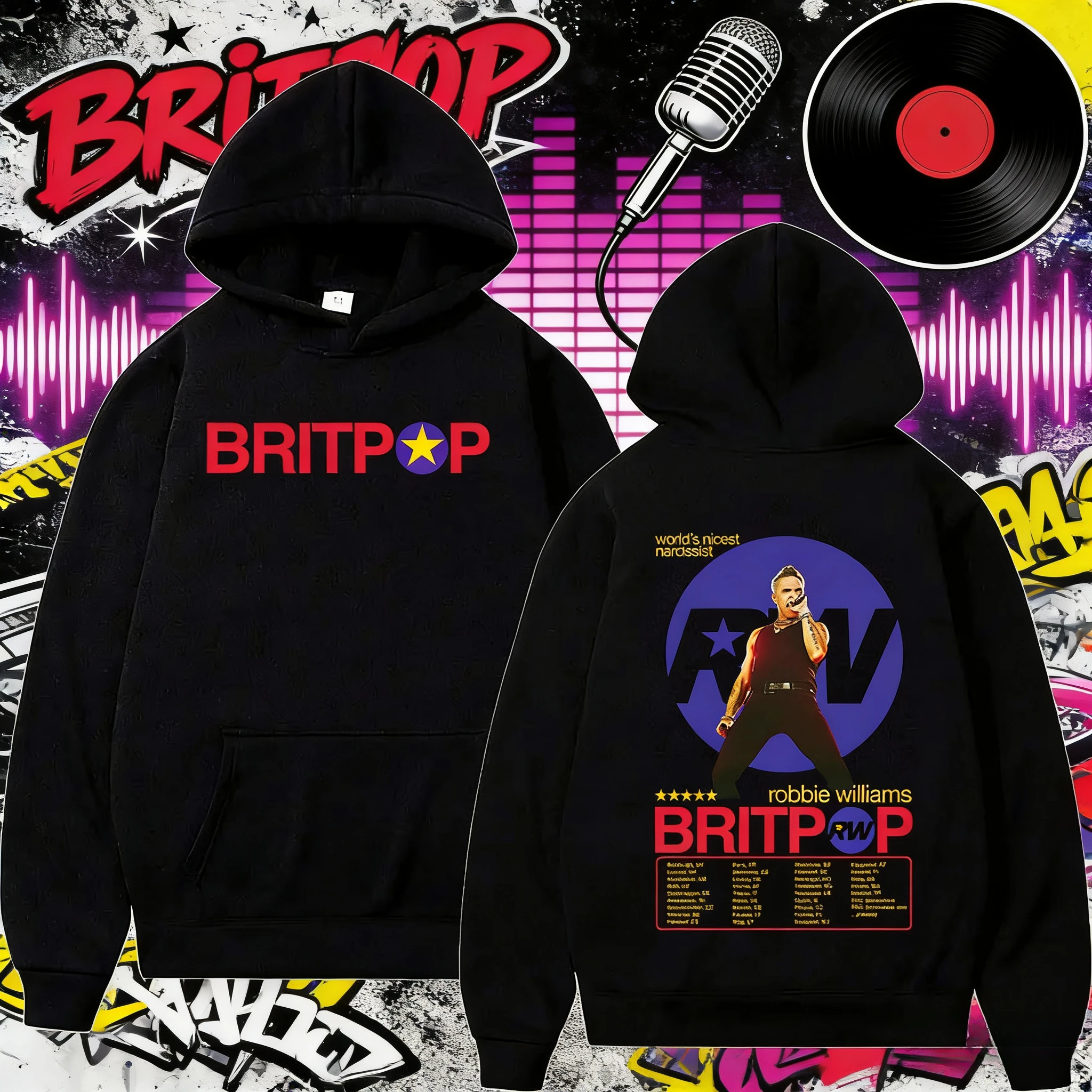 2025, Herbst/Winter, Sängerin, Robbie Williams, Rw, Touring-Druck, Kapuzenpullover, Herren, Hip-Hop, Retro, Baumwolle, warmes Sweatshirt, lockerer Freizeitmantel